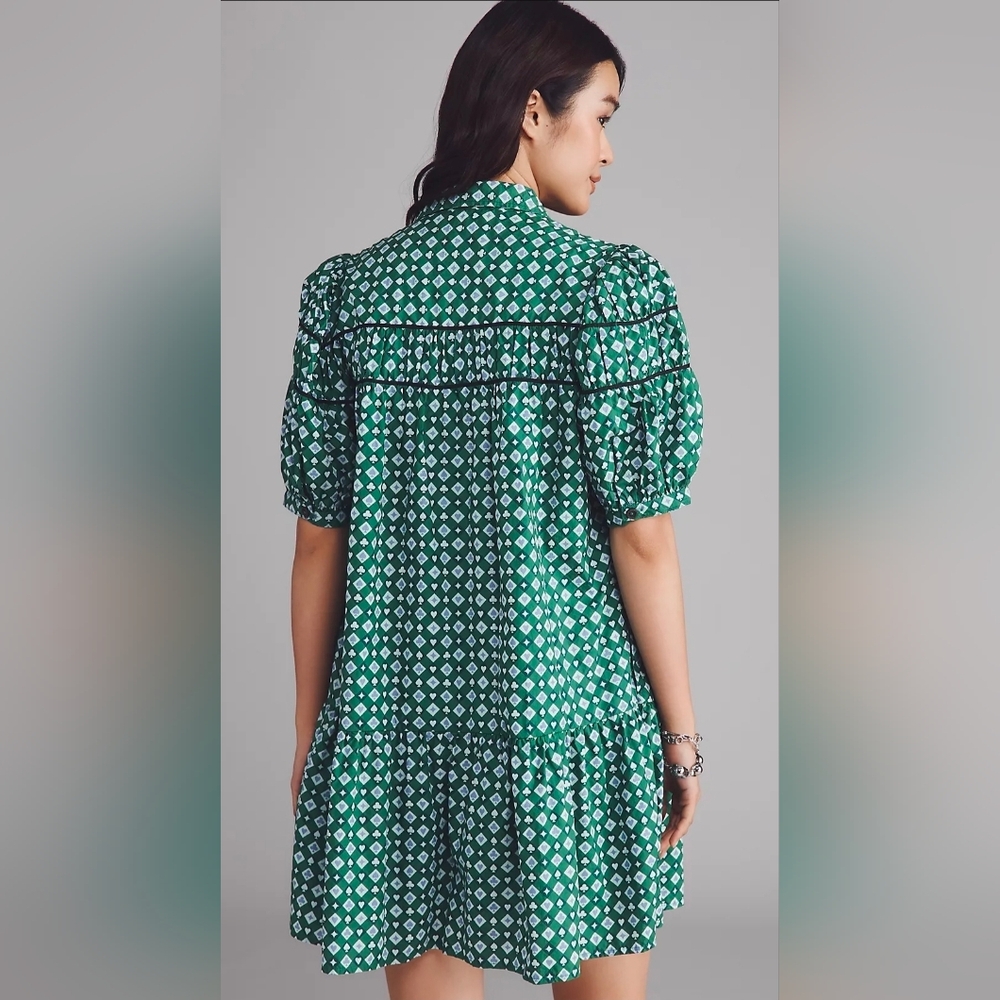 Anthropologie Maeve Leandra Shirred Yoke Mini Dress Green Clubs Spades Motif - Picture 2 of 8